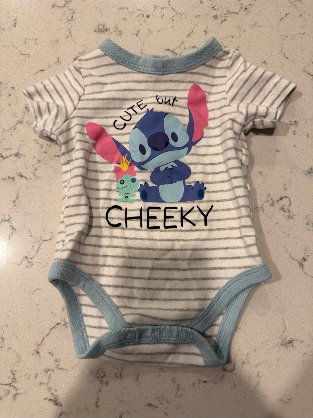 Disney White & Light Blue Striped Stitch 'Cute but Cheeky' Baby One-Piece